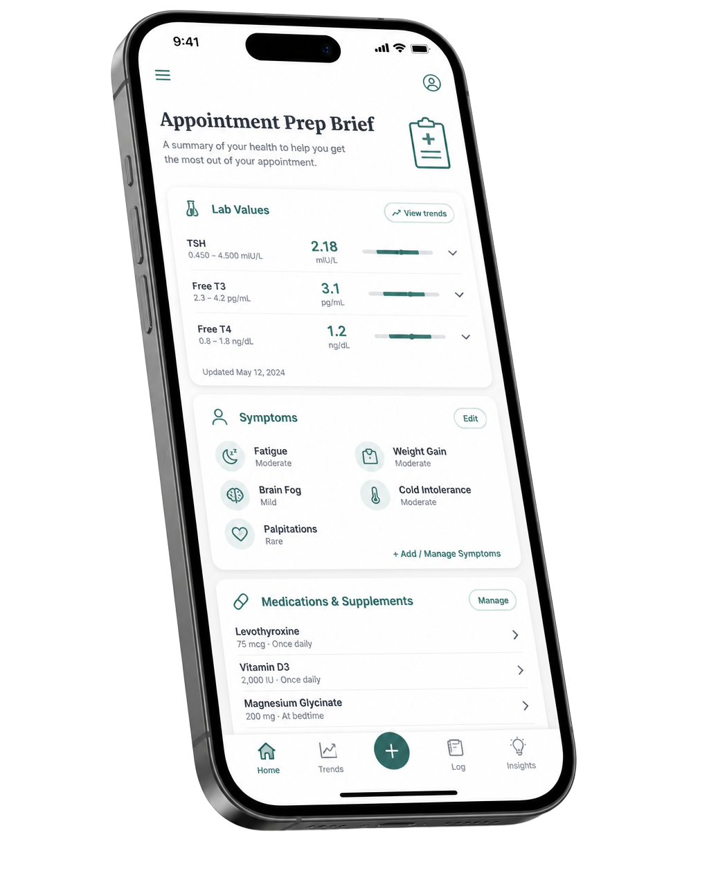 Thyself iOS app showing an Appointment Prep Brief with TSH, Free T3, Free T4, symptoms, and medications